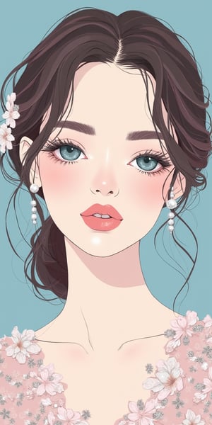 (best quality, masterpiece, ultra-detailed, flat colors, 8K, magazine cover design), a flat color illustration of a stunning young woman with striking azure eyes. Her delicate makeup enhances her natural beauty, with soft highlights on her full lips. Her hair is elegantly styled in soft curls, adorned with small, lustrous pearls, contributing to her graceful and refined look.

She is wearing an exquisite, intricately designed dress with delicate floral embroidery, adorned with pearls and gemstones in soft shades of pink and silver. The flat color palette emphasizes clean lines and smooth shading, adding to the modern, elegant aesthetic of the cover. The overall composition is balanced, with the focus on the woman's striking features and ornate attire, giving the magazine a luxurious and sophisticated visual appeal.