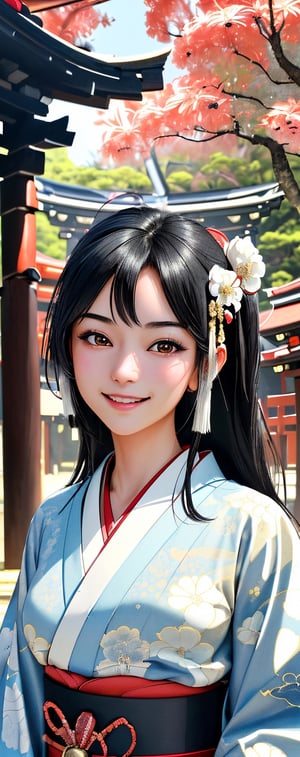 (best quality, masterpiece, ultra detailed, 8K, RAW photo), 
a beautiful young woman in front of japanese shrine, eye contact, black hair, kind smile, japanese ornate hairpin, white kimono with blue brocade, new year decoration, festival, kyoto, jinzya janapese shrine background,