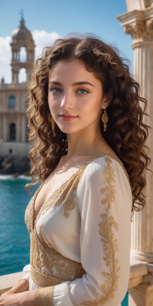 (best quality, masterpiece, top quality, highres, 8K), sharp focus, 
A young beautiful woman with gold-flecked azure eyes and curly dark hair, kind smile, bliss vibes, in a bright mediterranean square, ornate architecture, seashore, epic sky, 