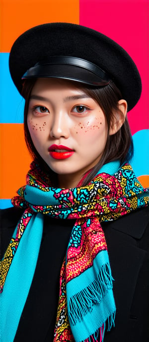 (best quality, 4K, 8K, high-resolution, masterpiece), ultra-detailed, photorealistic, vibrant and colorful portrait of a promissing student model, wearing a black hat adorned with colorful patterns, scarf in shades of azure and crimson, bold red lipstick, abstract vivid background artwork with azure, orange, crimson, and pink colors, lively and artistic atmosphere, freckles, well-defined eye makeup.