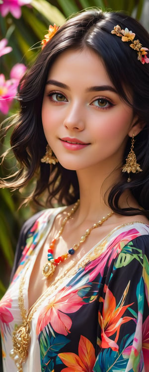 (best quality, masterpiece, ultra detailed, 8K, RAW photo), 
an oil paintiing of a beautiful student model, eye contact,beautiful detailed dark eyes, lipgloss, kind smile, graceful pose, flowy black hair, pearl white expressive prestigous blouse with colorful flower patterns, glowing jewelries, gorgeous gold necklace, fantasy style, soft brush strokes, vibrant colors, delicate features, soft natural light, subtle shading, tropical fesitval background, 