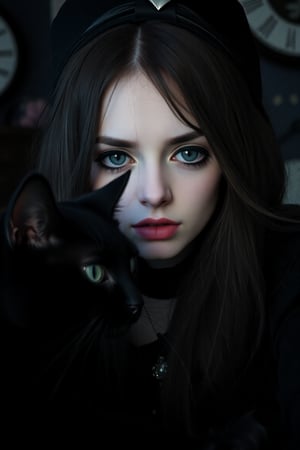 Gothic style, realistic scenery. A close-up of a gorgeous, extremely bored 23-year-old female goth Twitch streamer watching her hyperactive black cat during a live stream. The woman has pale skin, dark makeup, and is wearing gothic attire. The background is dimly lit, with subtle gothic decor elements visible. Her expression reflects boredom and disinterest, contrasting with the energetic movements of her black cat, which is the focal point of her attention. The extreme close-up captures the detailed textures of her clothing, the sheen of her makeup, and the lively behavior of the cat, creating a striking and moody atmosphere.