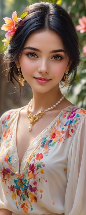 (best quality, masterpiece, ultra detailed, 8K, RAW photo), 
an oil paintiing of a beautiful student model, eye contact,beautiful detailed dark eyes, lipgloss, kind smile, graceful pose, flowy black hair, pearl white expressive prestigous blouse with colorful flower patterns, glowing jewelries, gorgeous gold necklace, fantasy style, soft brush strokes, vibrant colors, delicate features, soft natural light, subtle shading, summer fesitval background, 