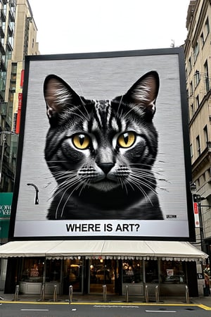 a large video wall in market street, with the artwork of a black cat with detailed features,text saying "Where is Art?",