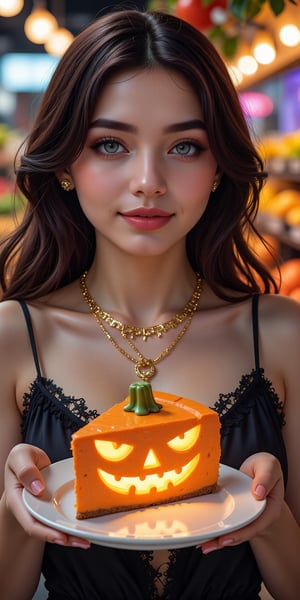 (best quality, masterpiece, ultra detailed, 8K, RAW photo), an oil paintiing of a beautiful student model handing over a plate with a slice of cake in the shape of a jack-o'-lantern to the viewer with eye contact, in the fruites market, in Halloween costume, eye contact,beautiful detailed eyes, lipgloss, kind smile, graceful pose, flowy hair, glowing jewelries, gorgeous gold necklace, fantasy style, soft brush strokes, vibrant colors, delicate features, neon light, Halloween vibes, colorful