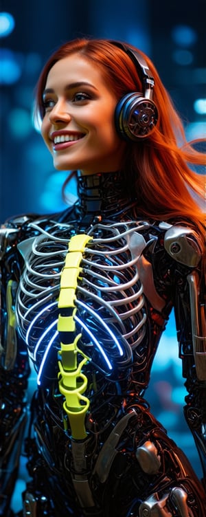 (best quality,4k,8k,highres,masterpiece:1.2), ultra-detailed, (realistic,photorealistic,photo-realistic:1.37), cyborg woman, bliss, kind smile, transparent rib cage made of glowing misty gas, neon cables, gears inside the glass gas, glowing circuits, futuristic mechanical parts, cybernetic enhancements, metallic skin, stunning copper hair flow, piercing eyes, high-tech headset, sleek and angular body, dynamic pose, factory background, neon-lit cityscape, vibrant colors, holographic projections, dramatic lighting