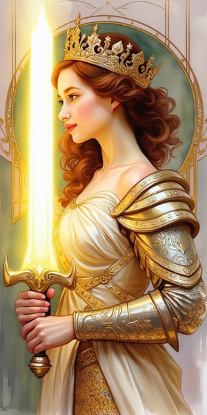 (best quality, masterpiece, ultra-detailed, 8K, watercolor painting), a beautiful young woman wearing an ornate crown and intricate armor, portrayed in the elegant style of Art Nouveau. She is holding a glowing sword that radiates soft light, creating a striking contrast with the delicate watercolor strokes. The woman is making eye contact with a kind smile, adding warmth and approachability to her regal appearance.

The Art Nouveau influence is reflected in the flowing, organic lines of her armor and the crown’s intricate design, blending seamlessly with the soft, dreamy hues of the watercolor medium. The scene feels both powerful and graceful, with the glowing sword adding a magical, ethereal element to the composition. The overall style combines detailed, flowing aesthetics with the soft textures of watercolor, creating a balanced, enchanting visual.
