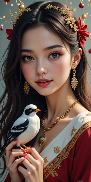 (best quality, masterpiece, ultra detailed, 8K, RAW photo), 
an oil paintiing of a beautiful student model holding a java sparrow, eye contact,beautiful detailed eyes, lipgloss, kind smile, graceful pose, flowy hair, expressive prestigous blouse, glowing jewelries, gorgeous gold necklace, fantasy style, soft brush strokes, vibrant colors, delicate features, soft natural light, subtle shading,christmas vibes,colorful