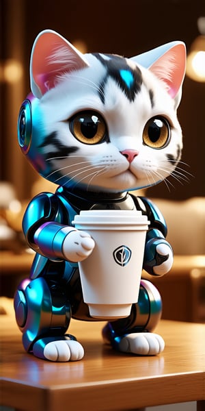 (best quality,8K,highres,masterpiece), ultra-detailed, (cute cat robot), a cat robot in bright, carrying a coffee cup in a luxurious restaurant, cute vibrant colors, rendered in full size. The cat robot is adorned with playful and vibrant hues of iridescent, with adorable features that exude charm and innocence. Every detail of the robot's design, from its rounded edges to its expressive eyes, is meticulously rendered with ultra-realistic precision. The scene radiates with warmth and whimsy, inviting viewers to embrace the endearing nature of this mechanical marvel.