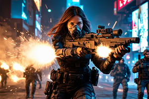 A highly detailed and photorealistic scene of a futuristic beautiful young female soldier in high-intensity urban combat. The soldiers wear advanced, sci-fi armor and wield sophisticated weaponry with intricate mechanical details and glowing elements. The background is a dystopian cityscape illuminated by neon lights and billboards, with smoke and debris filling the air from the ongoing battle. Soldiers' weapons emit bright muzzle flashes, emphasizing the firefight's intensity. The atmosphere is chaotic and intense, with flying sparks and dynamic lighting effects. (futuristic soldiers, sci-fi armor, advanced weaponry, dystopian cityscape, neon lights, chignion, muzzle flashes, chaotic atmosphere, high-intensity combat, photorealistic, highly detailed) 