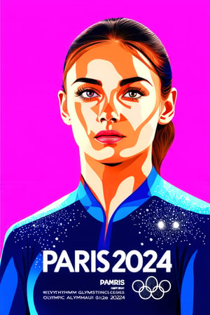 a flat color poster of a realistic portait of a young Olympic rhythmic gymnast in rhythmic gymnastics uniform, eye contact, beautiful bold typograhy of text: 'PARIS 2024', PARIS 2024 Olympic games, digital art, detailed skin, realistic eyes, glowing particles, stenciled pink iconography background,Flat Illustration