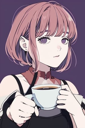 ((best quality)), a close up flat lineart portrait of a young female barista, making a cup of coffee in cafe, short bobcut, text of 'Like a NCG', purple background, a ncg, in only four colors, 