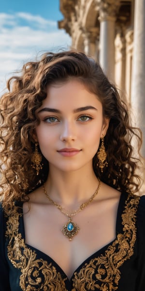 (best quality, masterpiece, top quality, highres, 8K), sharp focus, 
A young beautiful woman with gold-flecked azure eyes and curly dark hair,necklace, earrings,kind smile, bliss vibes, in a bright adriatic square, ornate architecture, seashore, epic sky, 