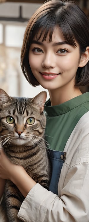 (masterpiece, best quality, ultra-detailed, 8K),highres, high detail, realisitc detailed, highres,
 a beautiful art student holding a gray cat in an old art studio, kind smile,lipgloss,realistic detailed cat, beautiful cat,
beautiful eyes, eye contact, bob cut, dark brown hair with dark green streak hair, bright flawless skin, vintage background,art tools, paper rolls, vintage coffee cups, golden hour,