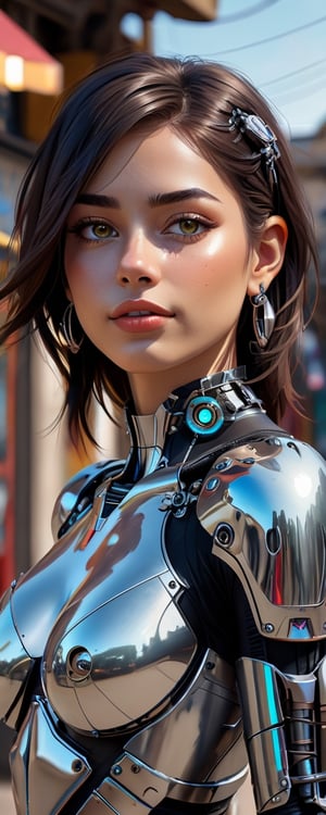(best quality, 8k, masterpiece, raw image), sharp focus, 
a full body PHOTO SHOT of a beautiful young woman cyborg , 21yo,dark detailed eyes, eye contact, pale soft skin, kind smile, bliss vibes, lipgloss, 
dark flowy hair, detailed realistic jewelry,necklace, earrings, realistic detailed colorful outfits, dynamic pose,tourist spot background,natural light,
,colorful refections,