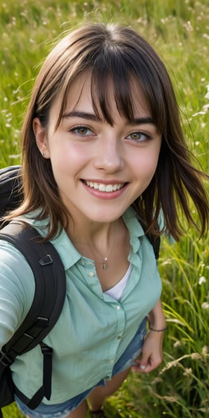 (best quality, 4K, 8K, high-resolution, masterpiece, ultra-detailed, photorealistic), a close up portrait of a beautiful young woman taking selfie with her smartphone at shinny meadow, 17yo, facing_viewer, looking at smartphone, high angle, bob_cut, bangs, hand_raised, backpack, necklace, grass and soil, smile, joyful, charming eyes, ((Panoramic and open wide shot)), perfect hands,epic running fast, bokeh, short skirts,