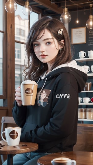 (best quality, masterpiece, ultra detailed, 8K, RAW photo), 
a beautiful young woman in a coffee shop, having a cup of coffee, dish of cakes on the table,(cute coffee shop:1.5),menu on the wall,realitic detailed oversize hoodies,a ncg,High detailed 