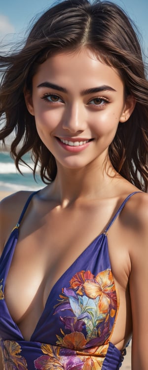  (masterpiece, best quality, ultra-detailed, 8K),highres, high detail, realisitc detailed, a waist high hyerrealistic portrait of an exotic beautiful student model posing lively, kind smile, lipgloss, intricate vibrant color cloth on a beach, perfect detailed face, detailed symmetric hazel eyes with circular iris, short messy dark hair, greasy lip, realistic, stunning realistic photograph, 3d render, octane render, intricately detailed, cinematic, trending on artstation, Isometric, Centered hypereallistic cover photo, awesome full color, best color graded, cinematic,stylized digital art, ultra sharp focus, intricate artwork, epic sky,, 