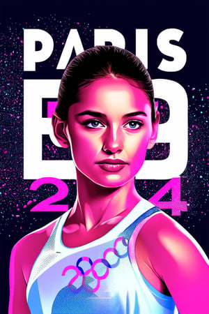 a flat color poster of a realistic portait of a young Olympic rhythmic gymnast in rhythmic gymnastics uniform, eye contact, beautiful bold typograhy of text: 'PARIS 2024', PARIS 2024 Olympic games, digital art, detailed skin,  realistic eyes, glowing particles, stenciled pink iconography background,Flat Illustration