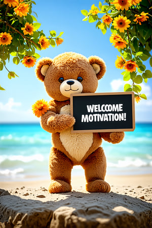 (best quality, masterpiece, ultra detailed, 8K, RAW photo), 
stylized digital illustration, CUTE TEDDY BEAR with holding a signboard saying "WELCOME, MOTIVATION!", detailed flowers,  perfect anatomy, dynamic poses, fashion,  beach background,cinematic light, , luminism, highly detailed, sharp focus, full body shot,ultra fine detail,