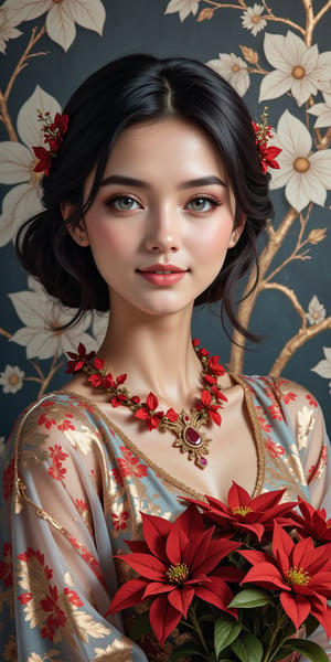 (best quality, masterpiece, ultra detailed, 8K, RAW photo),
a beautiful young woman embracing a bouquet on the chest, solo, garland around the neck, flowers, petals, eye contact,  grey eyes,  flowy black hair,  chignon, smirk,  shaded glossy lips, detailed collarbones,  exquisite colorful brocade costume, prestigous cozy outfit,  sheer ornate cape,  poinsettia wreath, bold shape of realistic detailed necklace,  makeup,  dynamic pose,  BREAK  bliss,  serene,  cinematic  style,  uhd,  upper body portrait photography,  fashion editorial,  accent lighting,  in front of glowing porcelain wall painted with silver/black botanical patterns,  cinematic, photorealistic, octane render, HD 8K DSLR, sharp focus, depth of field,colorful,perfect composition,