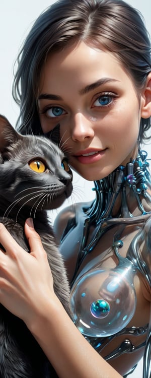 (best quality, masterpiece, highres, ultra-detailed, 8K, RAW image),high details, realisitc detailed,ultra realistic,
a beautiful young woman cuddling a black kitten, 23yo, glowing eyes,upperbody photo of a beautiful female figure boasting transparent skin revealing her colorful metal skeleton beneath, inlit by a stark white studio light casting an intricate shadows, eye contact, kind smile, lipgloss, bliss, willowy, chiseled, (perfect anatomy, prefecthand, dress, long fingers, 4 fingers, 1 thumb), dynamic pose,glass shiny style,made of water bubbles,chrometech,surface imperfections,cinematic_warm_color,colorful,color art