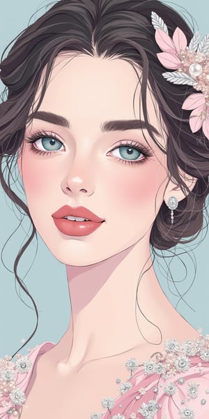 (best quality, masterpiece, ultra-detailed, flat colors, 8K, magazine cover design), a flat color illustration of a stunning young woman with striking azure eyes featured on the front cover of a magazine. Her delicate makeup enhances her natural beauty, with soft highlights on her full lips. Her hair is elegantly styled in soft curls, adorned with small, lustrous pearls, contributing to her graceful and refined look.

She is wearing an exquisite, intricately designed dress with delicate floral embroidery, adorned with pearls and gemstones in soft shades of pink and silver. The flat color palette emphasizes clean lines and smooth shading, adding to the modern, elegant aesthetic of the cover. The overall composition is balanced, with the focus on the woman's striking features and ornate attire, giving the magazine a luxurious and sophisticated visual appeal.