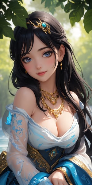 (best quality, masterpiece, ultra detailed, 8K, RAW photo), 
an oil paintiing of a beautiful student model, eye contact,beautiful detailed dark eyes, lipgloss, kind smile, graceful pose, flowy black hair, expressive prestigous blouse with azure fish patterns, glowing jewelries, ornate gold necklace, fantasy style, soft brush strokes, vibrant colors, delicate features, soft natural light, subtle shading, summer fesitval background, 