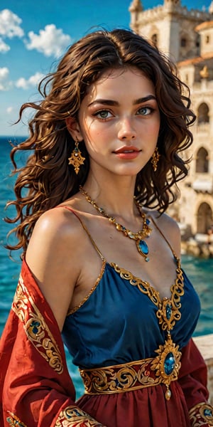 (best quality, masterpiece, top quality, highres, 8K), sharp focus, 
A young beautiful woman with gold-flecked azure eyes and curly dark hair, well defined eyelashes, lipgloss, kind smile, realistic detailed necklace, realistic detailed crimson fabric, bliss vibes, in a bright adriatic square, ornate architecture, seashore, epic sky, 