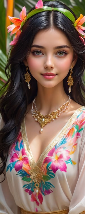 (best quality, masterpiece, ultra detailed, 8K, RAW photo), 
an oil paintiing of a beautiful student model, eye contact,beautiful detailed dark eyes, lipgloss, kind smile, graceful pose, flowy black hair, pearl white expressive prestigous blouse with colorful flower patterns, glowing jewelries, gorgeous gold necklace, fantasy style, soft brush strokes, vibrant colors, delicate features, soft natural light, subtle shading, tropical fesitval background, 