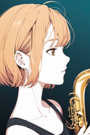 ((best quality)), a close up flat lineart portrait of a young woman, 'Like a NCG', short bobcut, a sax, yellow background, a ncg, in only four colors, 