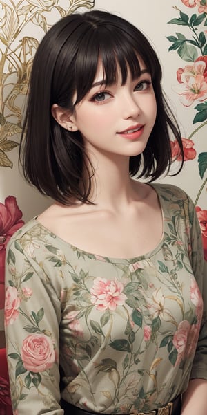 a flat lineart of a young beautiful woman leaning against colorful wall printed botanial patterns at pop-style Private Rooms,kind smile,bangs,messy short-bob,detailed realistic dark clothes,soft tone,only in four colors,a ncg,Illustration