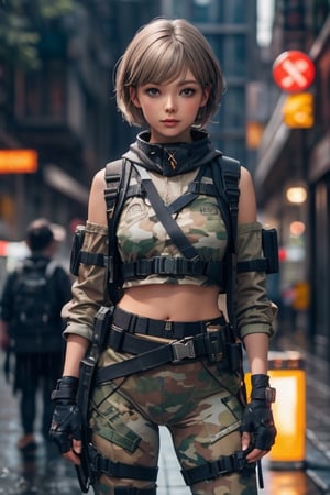 1girl, a chest up portait of a beautiful student model in blue camouflage posing lively, looking at viwer, dark beige pixie hair style, urban techwear, outfit, crowded street in the rain, depth_of_field, fingerless glove, shoulder holster, belt, hoslter, thigh holster,