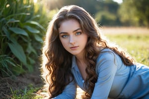 (((full body close_up))), 22yo girl kneeling-up close to viewer in outdoor, long curly hair, (dark-blue-eyes:1.1), (long_brown_straight_hair:1.1), slim, sunlight, enviroment super light, full body, full view, face_view, 