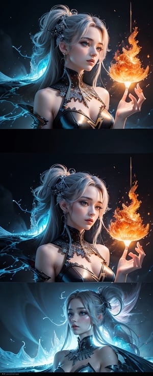 (masterpiece, top quality, best quality, official art, beautiful and aesthetic:1.2), (1girl), extreme detailed, (abstract, fractal art:1.3), long hair, isometric, highest detailed, (fire, water, ice, lightning), ghost