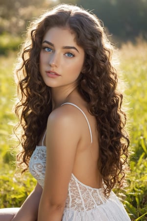 (((full body close_up))), 22yo girl kneeling-up close to viewer in outdoor, long curly hair, (dark-blue-eyes:1.1), (long_brown_straight_hair:1.1), slim, sunlight, enviroment super light, full body, full view,( face_view from behind) 