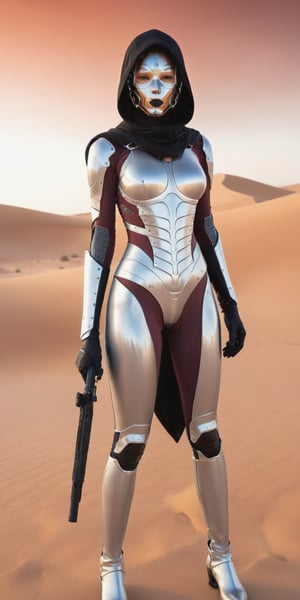 A striking, futuristic image of a girl adorned with cybernetic enhancements, standing strong amidst a desolate desertlandscape. Her armor is a masterful blend of metallic and organic elements, with her hooded mask seamlessly integrating into her overall attire. She holds a high-tech weapon with a sleek design, reflecting the amalgamation of sci-fi and desert motifs. The backdrop reveals a vast, barren wasteland, with sand dunes stretching as far as the eye can see and a blood-red sky casting an eerie glow on the scene