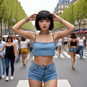 (real, (((closeup))) (((highly detailed cute full body pose ))), 
masterpiece, highly detailed (((full body image of a young girl))) , 25 years old, wears a crop top and very short shorts, short black hair with bangs, hands in bracelets, hands up half body, detailed blue_eyes, detailed mouth, in a Paris street