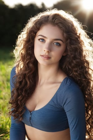 (((full body close_up))), 22yo girl kneeling-up close to viewer in outdoor, long curly hair, (dark-blue-eyes:1.1), (long_brown_straight_hair:1.1), slim, sunlight, enviroment super light, full body, full view, face_view, 