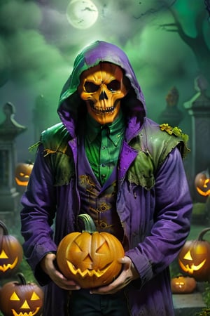 a guy, with a halloween pumpkin head, wearing a purple jacket with green details, in a dark night on a cemitery, fog and tombs, halloween style, perfect, masterpiece, complex_background