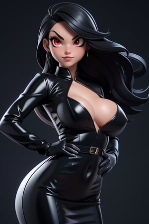 1 sexy girl, long black hair, beautiful look, perfect face, sassy face, red eyes, black latex dress big cleavage, sleveless, long black gloves, dynamic pose, masterpiece, simple background