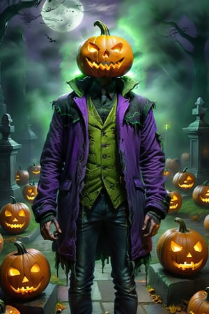  a guy, with a glowing halloween pumpkin head, wearing a purple jacket with green details, in a black night on a cemitery, fog and tombs, halloween style, perfect, masterpiece, complex_background,HellAI,fire