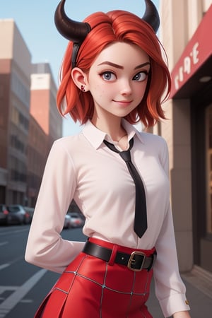 sexy girl, two little horns in the forehead, delicate features, red skin, red hair, spiky haircut, wearing a white long sleeve shirt, black miniskirt and red belt, perfect face, perfect body, posing, simple backgorund ,gwen stacy