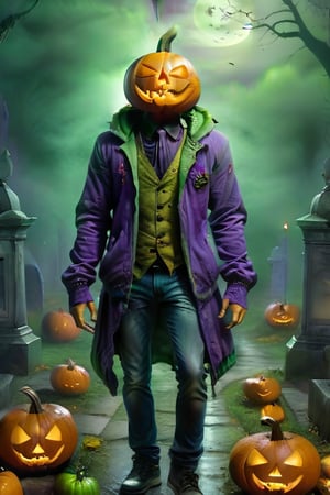  a guy, with a halloween pumpkin head, wearing a purple jacket with green details, at night on a cemitery, fog and tombs, halloween style, perfect, masterpiece, complex_background