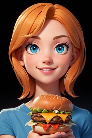 A beautiful gir, blonde short hair, smilling holding a burger