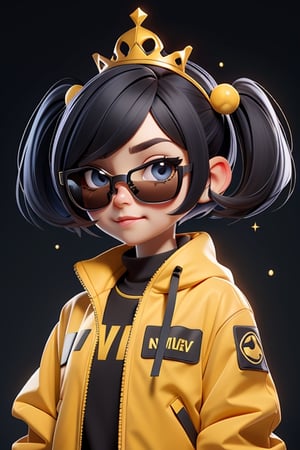 1girl, solo, short hair, black hair, big yellow jacket, sunglasses, yellow tiara, futuristic look, looking at viewer, simple background, two side up, lips, closed mouth, upper body, twintails, nose,glitter,chibi