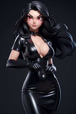 1 sexy girl, long black hair, beautiful look, perfect face, red eyes, black latex dress big cleavage, long black gloves, dynamic pose, masterpiece, simple background