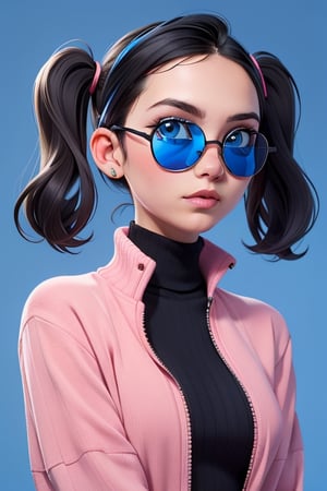 1girl, solo, short spike black hair, big yellow jacket, pink futuristc sunglasses on forehead, futuristic look, looking at viewer, blue background, simple background, two side up, turtleneck, blue eyes, lips, closed mouth, turtleneck black sweater, upper body, twintails, nose,AliceWonderlandWaifu