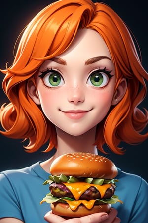 Sam Sparks, 1 beautiful girl, short orange hair, big green eyes, wearing a blue shirt, close-up, smilling, holding a burger, perfect face, masterpiece, perfect composition, ultra-detail,hlcivil,NamiFinal