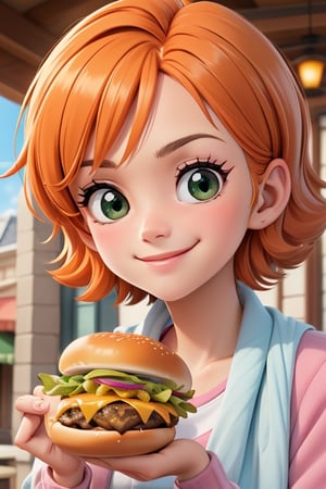 1 beautiful girl, short orange hair, big green eyes, wearing a blue cardigan and a pink shirt, close-up, smilling, holding a burger, perfect face, masterpiece, perfect composition, ultra-detail, by disney and pixar